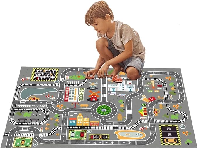 Car Rug Play Mat Great for Playing with Cars and Toys, Kid Playroom Carpet with Rubber Backing, Game Area for Baby Toddler Kid Child Educational Learn Road Traffic in Bedroom, Classroom