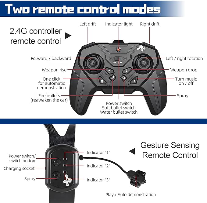 RC Tank Car with Drift,Hand Gesture Control Dual Mode Stunt Truck with Light, Spray and Music, 2.4Ghz Free Deformation Remote Control Fighting Bullets Vehicle for Kids