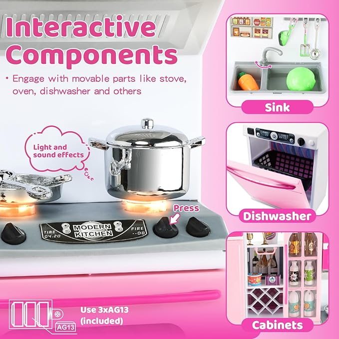 64 PCS Pink Kitchen Toys with Lights Sounds|Mini Kitchen House Furniture Sets for Kids Ages 4-8|Doll Playset Toys for Toddlers 3-5|Birthday Gifts for 3 4 5 6 7 8 Old Girls