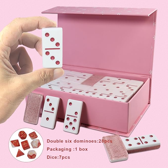 Dominoes Set for Adults, Double 6 Dominos Game Set with 28 Domino Tiles Double with Upscale Gift Boxes -7 Polyhedral Dice -Classic Board Games (Light Pink)