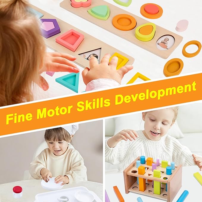 Adena Montessori Play Kit for 22-24 Months Baby,7 in 1 Learning Educational Toys for Toddler,Include Geo Shapes Puzzle,Montessori Cylinder Blocks and More,Christmas Birthday Gift for Boys Girl