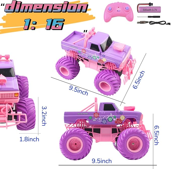 Remote Control Car, All - Terrain RC Off - Road Truck, 1:16 Scale Hobby Monster Truck Toys 2.4GHz Vehicles Gifts,Remote Control Car for Girls Age 6-8-12, Pink and Purple