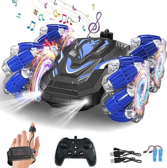 New Gesture Sensing RC Stunt Car with Lights Music, Hand Gesture Remote Control Car 360° Spins Double Side Twisted Glove Controlled RC Car Birthday Gifts Toys for 6 7 8 9 10 11 12 year old boys