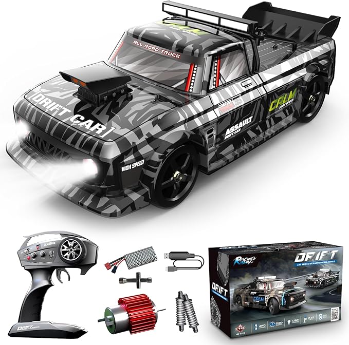 Scale RC Drift Car, 2.4Ghz 4WD RC Race Car with Gyro, LED, 2 Rechargeable Batteries - Hobby RC Cars for Boys