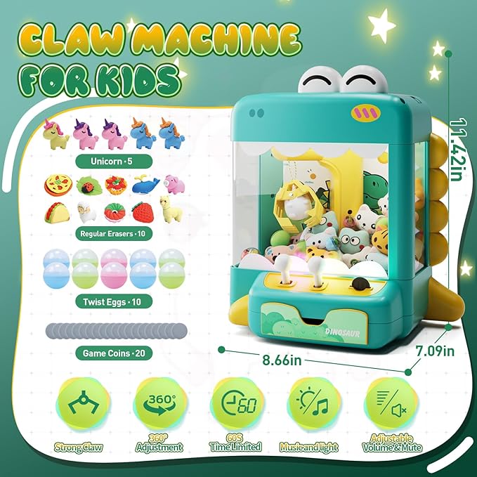Skirfy Dinosuar Claw Machine, Mini Vending Machine with Lights & Music, Adjustable Sound, Candy and Electronic Prize Dispenser, Includes 45 Toys, Candy and Birthday Gift for Kids Boys