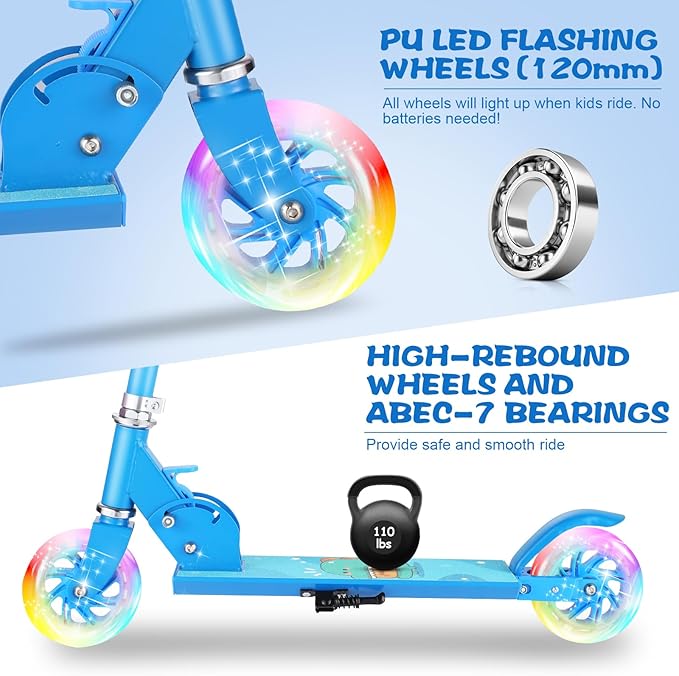 Scooter for Kids Ages 3-12 - Kids Kick Scooters with Led Light Up Wheels & 3 Levels Adjustable Handlebar, Lightweight Foldable 2 Wheel Girly Pink Scooter Christmas Birthday for Girls Boys.