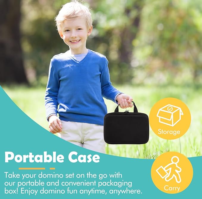 DAILYLIFE Dominoes for Kids, Double 6 Dominoes Set with 4 Wooden Racks/Trays, Double Six Dominoes Set with Portable Case, 28 Tiles Dominos Set for Family Board Games