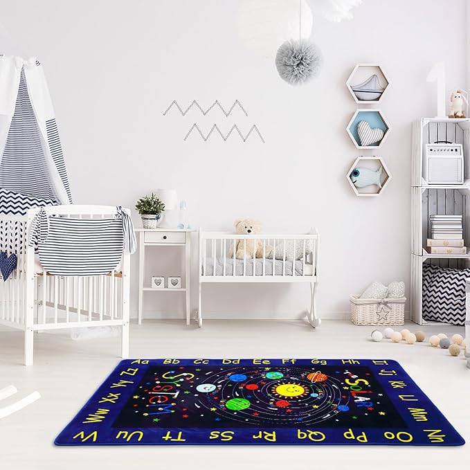 Large Area Rug 8x10 Outer Space Non-Slip Low Pile Solar System for Learning Galaxy Space Themed ABC Alphabet Soft Planet Kids Play for Classroom Bedroom Nursery Playroom Blue