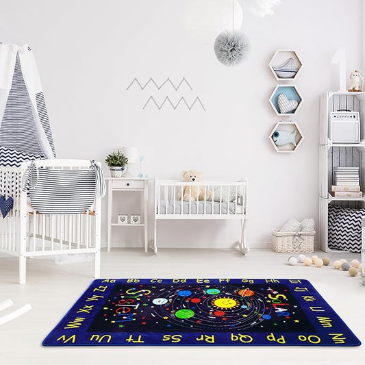 3x5 Outer Space Rug Kids Playroom Rug Solar System ABC Alphabet Educational Floor Mat Non Slip Backing Planet Carpet Ultra Soft Low Pile Area Rug for Bedroom Classroom Nursery Playroom Blue