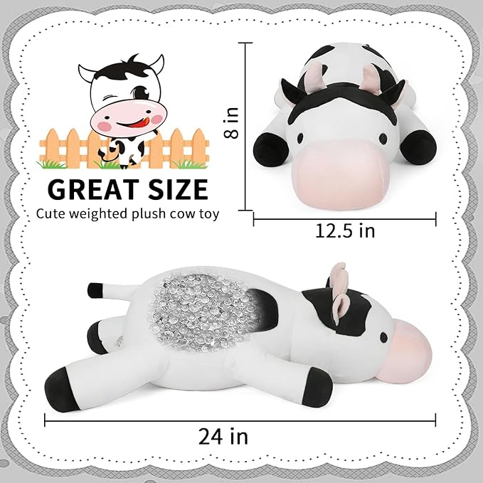 Weighted Cow Stuffed Animals Weighted Plush Toy 24" 4.2lb Cute Cow Hugging Dolls Plushies Pillows for Boys and Girls (White & Black)