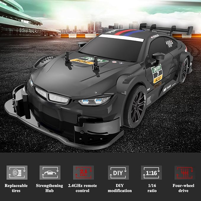 Remote Control Drift Car, 1:16 Scale Electric RC With LED Lights 2.4GHz 4WD 40km/h RTR High Speed Racing Sport Toy for Adults Boys Girls Kids Gifts (Black)