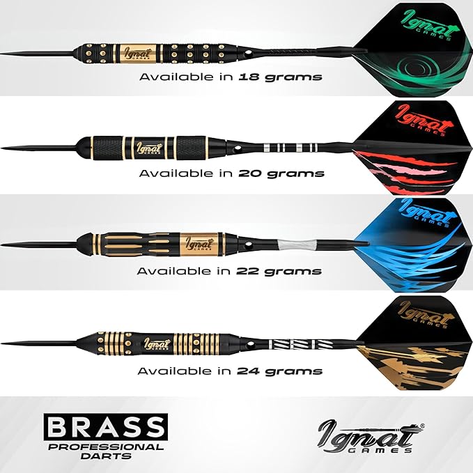IgnatGames Steel Tip Darts Set - 3/6/12 Pack Brass Darts Metal Tip Set with Exquisite Case - Aluminum Shafts, 2 Sets of Flights, Dart Tool & Sharpener