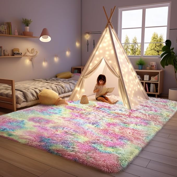 Ophanie Rainbow Colorful Rugs for Living Room 5x8, Unicorn Fluffy Shag Fuzzy Plush Soft Carpets, Floor Shaggy Area Rugs for Bedroom, Carpet for Kids Girls Dorm Nursery Home Decor Aesthetic