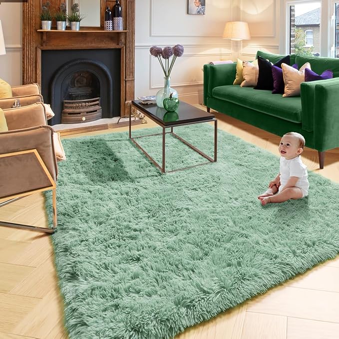 Amdrebio Sage Green Area Rugs for Bedroom Aesthetic, Fluffy Furry Rugs for Nursery, Classroom, Teen Boys, Baby Kids Room Decor, Cute Shaggy Carpet for Living Room Dorm, Fuzzy Plush Light Mint Rug 4x6
