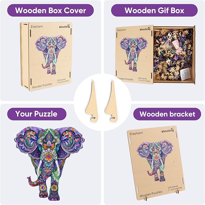 Wooden Jigsaw Puzzles-Elephant,200pcs,12.4x11.4in,Medium,Wooden Puzzles for Adults,Unique Shape Animal Adult Puzzles,Irregular Wood Puzzles Best Gift for Adults and Kids Family Game