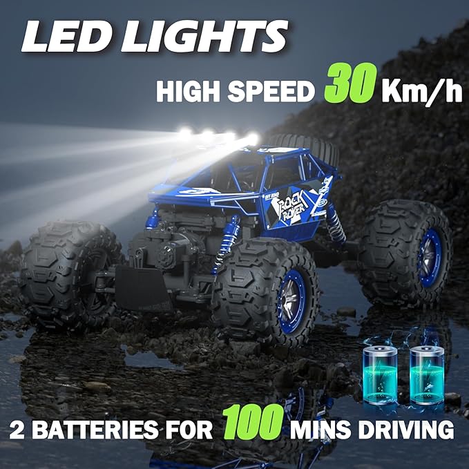 1:10 Amphibious 4WD Large RC Cars, IPX6 Waterproof 30 Km/h Remote Control Car Gifts for Kids 4X4 Off-Road RC Rock Crawler, LED Light, 2.4GHz RC Truck with 2 Batteries 80Mins Play