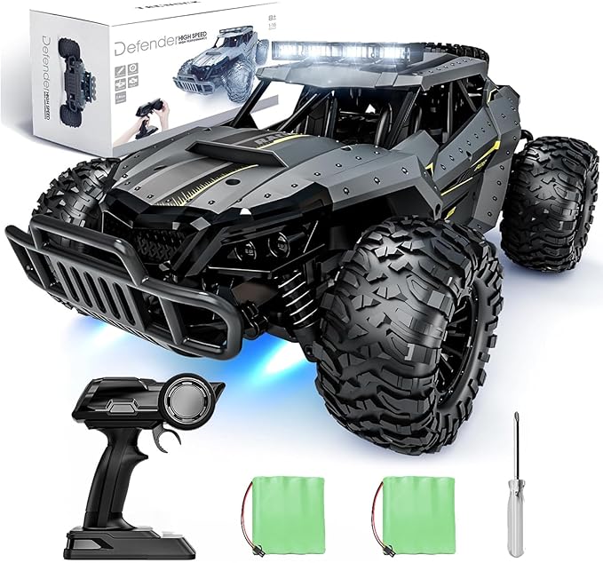 Tecnock RC Truck Car, 20+ KM/H High-Speed 4WD Remote Control Car, 2.4GHz Anti-Interference with Dual LED Headlights, Rechargeable Monster Truck - Ideal Outdoor Backyard Gifts for Boys & Teens