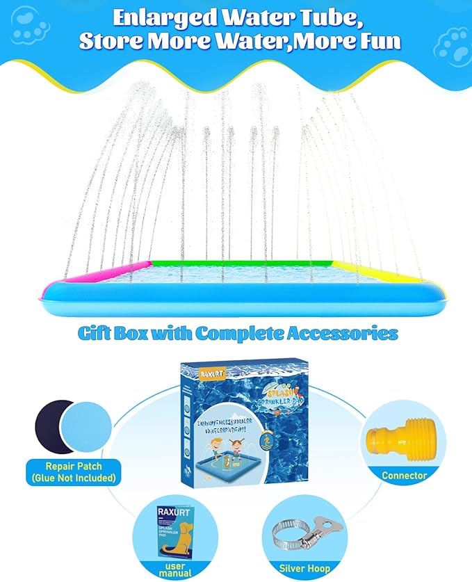 Splash Pad, 97"- 72" Non-Slip Splash Pad for Kids and Dogs, Thickened Durable Square Dog Pool with Sprinkler Summer Outdoor Water Toys for Toddler Girls Boys Children Pet (Colorful)