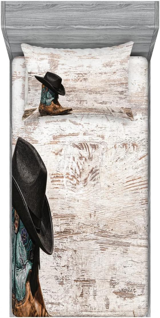 Ambesonne Western 2 Pack Fitted Sheet & Pillow Sham Set, Rodeo Cowboy Grunge Hat, 4 Pcs Bedding Decor, Package Contains 2 Twin Size Fitted Sheets & 2 Pillow Covers, Black Brown