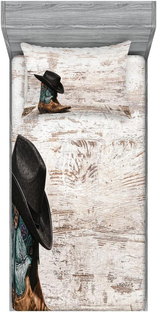 Ambesonne Western 2 Pack Fitted Sheet & Pillow Sham Set, Rodeo Cowboy Grunge Hat, 4 Pcs Bedding Decor, Package Contains 2 Twin Size Fitted Sheets & 2 Pillow Covers, Black Brown