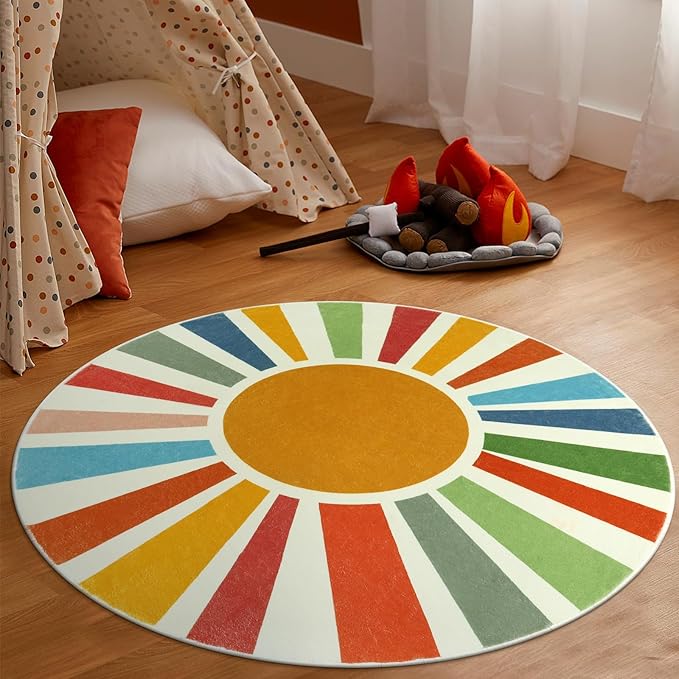STARUIA Small Round Rug 4 Ft Washable Round Rug for Kids Room, Colorful Sun Circle Rug for Playroom, Non-Slip Circular Office Carpet Soft Rainbow Rug for Bedroom Reading Corner Dorm