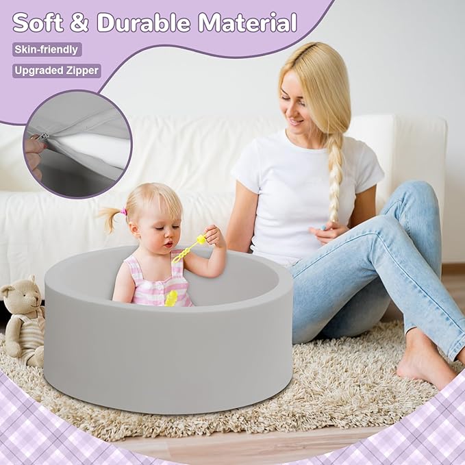 Baby Ball Pit 27.6" Soft Round Memory Foam Ball Pits NOT Included Balls Indoor Outdoor Playpen for Babies Toddlers Kids Great Gift for Girls Boys, Gray
