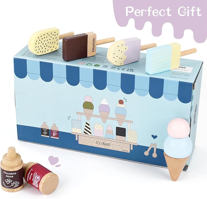 Wooden Ice Cream Toy, Pretend Play Food Toys, Ice Cream Counter Set for Kids, Kitchen Accessories for Toddlers Girls Boys Ages 3+