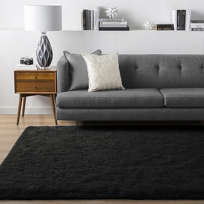 Ompaa Black 8x10 Feet Large Area Rugs Fluffy Living Room Carpet, Wall to Wall Big Shag Rug for Bedroom Kids Playroom Classroom Nursery Home Office Decor