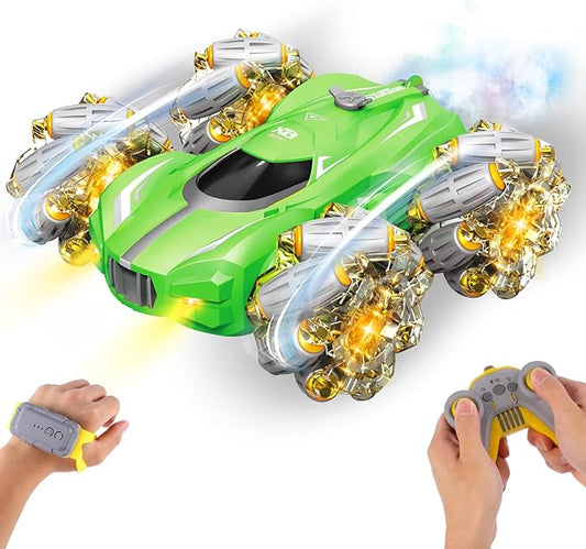 Remote Control Car, 10-in-1 Functions 2.4GHz Clectric Racing Stunt Car, Double-Sided 360°Rrolling Rotation, Spray Music 4WD High-Speed Off-Road Suitable for 6 7 8-12 Years Old boy Toys (Green)