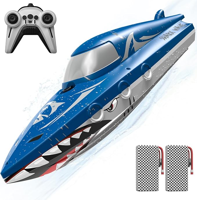 Shark RC Racing Boat for Kids & Adults,2.4GHz High Speed Remote Control Boat W/ Dual Battery 50 Min Runtime,Waterproof,Fast Remote Control Toy Gift Kids 8-12, Ideal for Pools & Lakes,Shining Blue