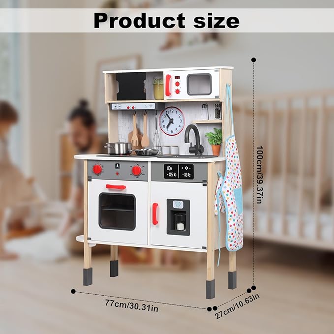 Wooden Kitchen Playset for Kids, Realistic Lights & Sounds Toddler Play Kitchen Set Include Complete Toy Cooking Equipped & Cookware Accessories for Chef Pretend Game Birthday Best Gift