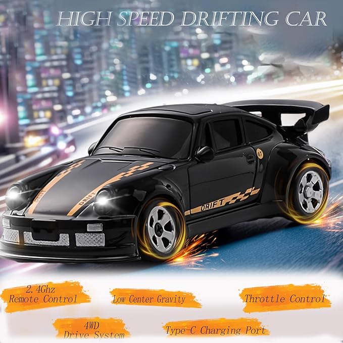 RC Drift Car, 1/64 Scale Mini Drift Cars, 2.4GHz Adjustable Throttle High Speed Remote Control Car, RTR 4WD Fast RC Cars with Lights, Hobby Race Vehicle Toy Birthday Gift for Kids, Boys, Girls, Adults