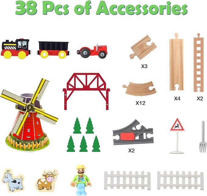 Wdmiya Wooden Train Set for Toddlers, 38 Pcs Wooden Train Track for Kids, Train Toy with Bridge and Tracks (Fits Thomas & Brio), Christmas Birthday Trains Gift for 2 3 4 5 6 7 8 Years Old (Pinwheel)