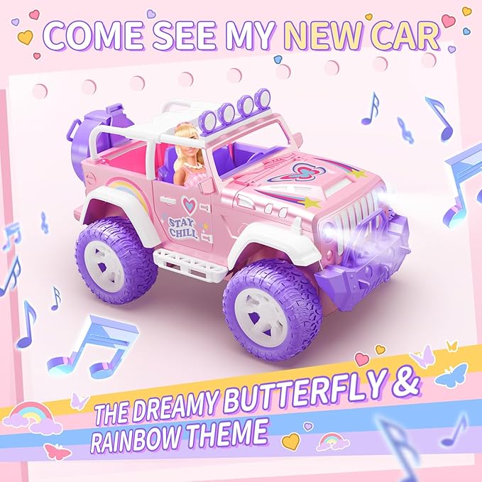 DEERC Pink Remote Control Car for Girls with Fog Mist & Music, 1:16 RC Car with LED Lights for Kids, 2.4Ghz All Terrain SUV Truck Gifts, Off-Road Racing Vehicle Toy Car, Girls Toys