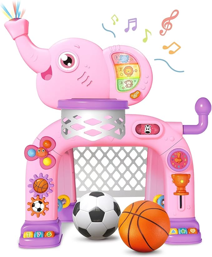 Shemira Toddler Basketball Hoop & Soccer Goal Activity Center Toys with Light & Music,Elephant Toddlers Musical Toys Gift, Baby & Toddlers Christmas Birthday Gift for 1 2 3 Year Old Boys & Girls