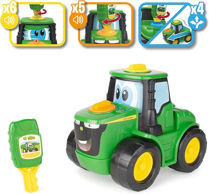 John Deere Key-n-Go Johnny Tractor Toy with Lights and Sounds - Interactive Driving Toy Tractor Includes 12 Interactive Ways to Play - Toddler Toys Ages 3 Years and Up