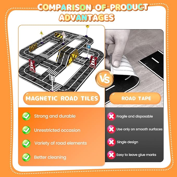 Magnetic Tiles Road Set, Magnetic Blocks Building Toys for 3+ Year Old Boys Girls, Magnet Construction Toys Preschool Educational Kids Magnet Tiles for Toddlers 3-5 4-8 (Magnetic Tiles Road Set)