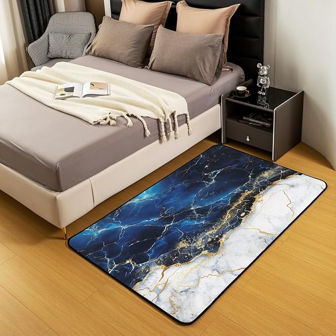 Erosebridal Marble Area Rug 4x5, Gold Giltter Rug, Navy Blue Stone Marble Carpet for Adult Men Women, Tie Dye Fluid Magma Abstract Art Hipster Non Shedding Decorative Rug for Bedroom