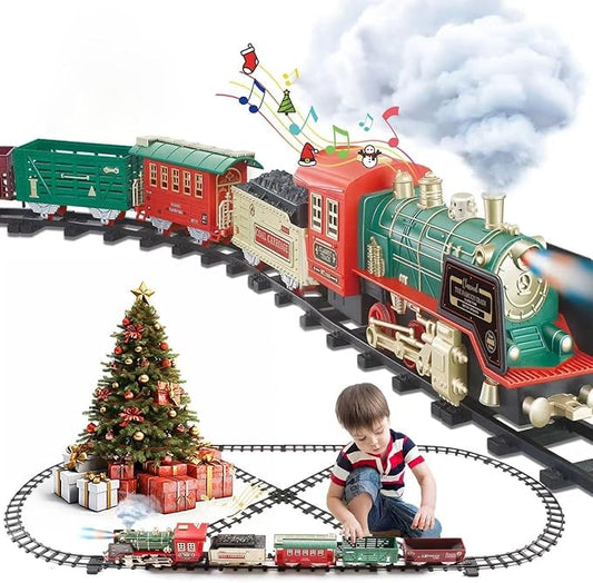 JUQU Christmas Train Set - Electric Train Toys w/Smokes&Lights&Xmas Sounds, Toddler Train Sets for Kids w/Rechargeable Battery & Locomotive Engine, 4 Cars & 21 Tracks for Age 3 4 5 6 7 8+ Boys Girls