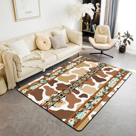 Erosebridal Brown Cow Print Area Rug 4x5, Highland Cowhide Rug, Western Rugs Exotic Aztec Carpet for Bedside, Farmhouse Wild Animals Longhorn Skin Cowboys Non Slip Decorative Rug for Men