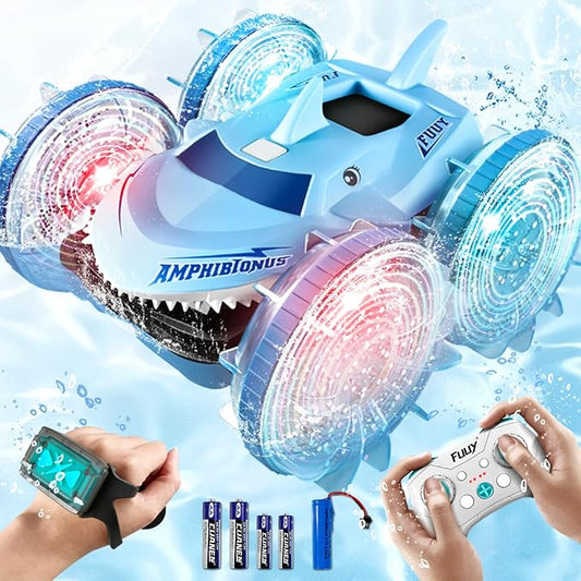 Amphibious Waterproof Remote Control Boat RC Car Monster Truck with Lights 4WD Gesture Hand Controlled Water Beach Pool Toys Kids Gifts for Boys Pool Toys Blue