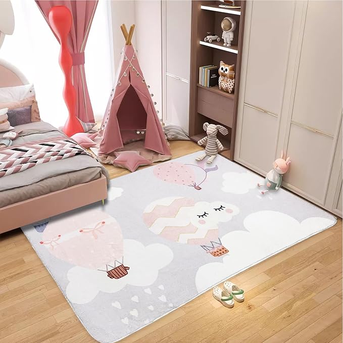 ABREEZE Kids Rug Play Mat Ultra Soft Rugs for Kids Room, 5'x6.6' Non Slip Cartoon Children Nursery Rug Baby Rug Area Rug Kids Carpet for Bedroom Decor Playroom Living Room, Balloon