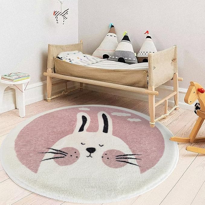 Poowe Pink Rabbit Soft Plush Round Rug - 3.3 ft Alphabet Non Slip Nursery Bedroom Playroom Washable Circle Rug for Kids Baby Toddlers