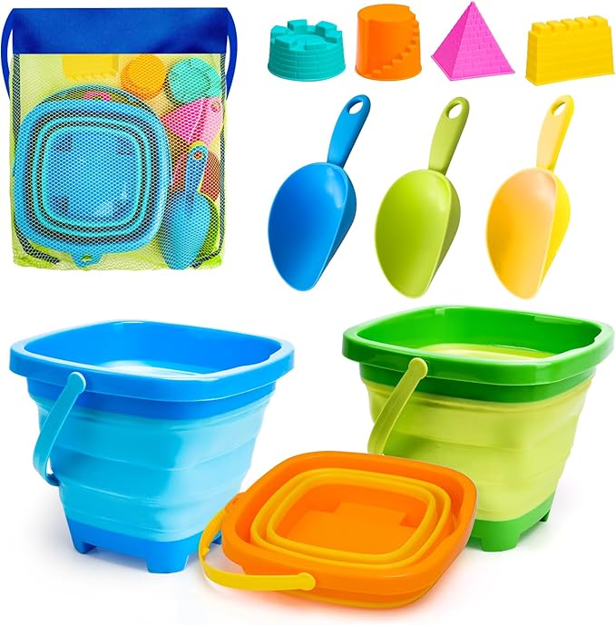 Collapsible Beach Toys Sand Toys for Toddlers 1-3, Beach Toy Sand Toy for Kids Ages 4-8, Collapsible Beach Sand Buckets Toys for Kids, Sandbox Toys for Toddler with Castle Sand Mold Shovel