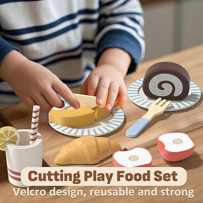 Lehoo Castle Play Food Sets for Kids Kitchen, Wooden Toys Food for Toddlers 1-3, Pretend Picnic Play Set, Cutting Food Toys, Gift for Girls Boys 3 4 5 6