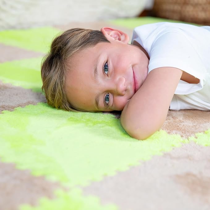 16 Piece Carpet Squares Puzzle Mat 49" x 49" Plush Interlocking Carpet Tiles, Foam Floor Tiles for Baby Play Mat - Kids Soft Play Floor Mats, Anti Slip Jigsaw Flooring Playmat Playroom Rug (Green)