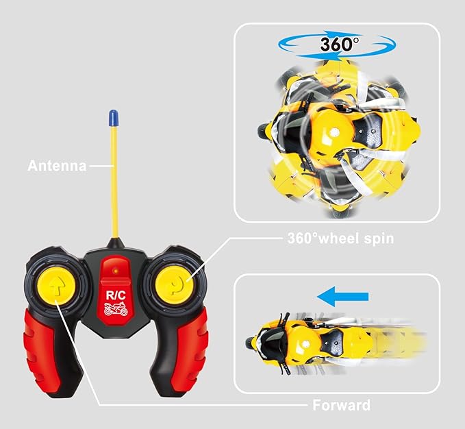 PowerTRC Unleash The Ultimate Racing Thrill | 360 Degree Rotate Spinning RC Race Motorcycle | Remote Control Race Biker with Dazzling Light and Sound Effect for Kids (Red)