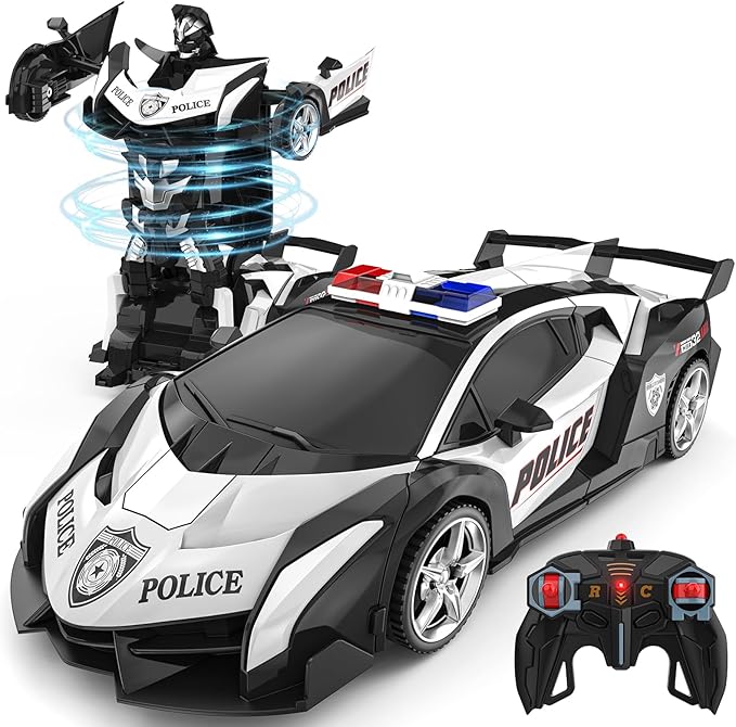 BLUEJAY Transform Rc Cars for Boys 4-7 8-12, 2.4Ghz Remote Control Car 1:18 Scale Transforming Robot, One-Button Deformation 360° Rotation Car Toy Gifts for Boys 3-5 (Police)
