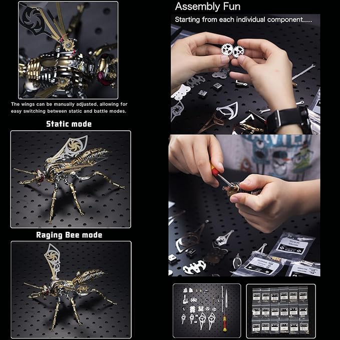 3D Metal Puzzles for Adults: Metal Model Kits 3D Metal Puzzle Mechanical Wasp Building Blocks, Difficult DIY for Assembly Gifts for Men (3D Metal Wasp-Red Gold)