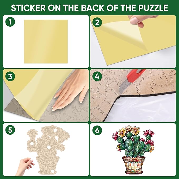 Stained Glass Cactus Wooden Puzzles for Adults, 200 Pieces Jigsaw Puzzles, Unique Shaped Medium Size Liberty Wood Puzzle Gift for Adults and Kids, Family Game 11.3'' x 13.2''